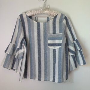 Urban Romantics Blue Stripe Linen Blend Top Small Bell Sleeve